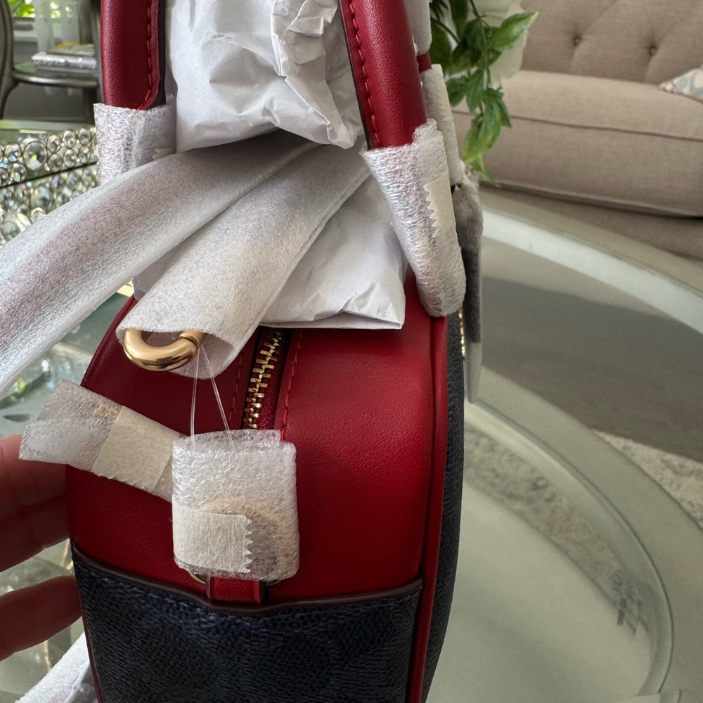 Satchel Crossbody Bag In Signature Canvas Denim/Bold Red CW197 - Picture 7 of 16